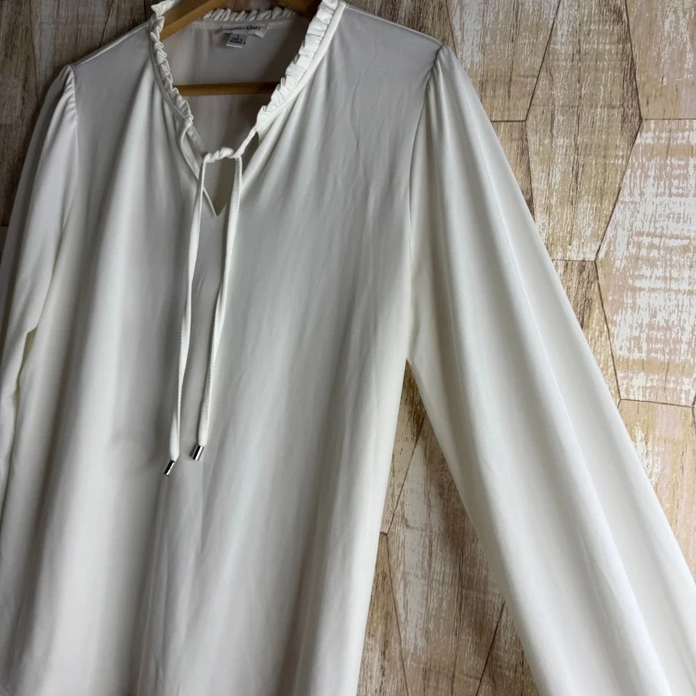 Calvin Klein Womens White Long Sleeve Ruffle Neck Tie Blouse Top Plus‎ Size L